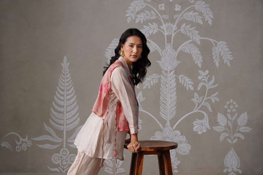 Meherban Crushed Tissue Pink Printed Short Jacket Set