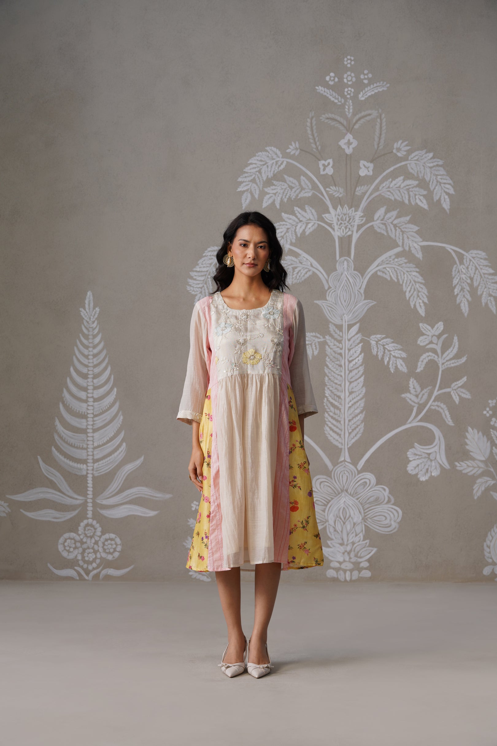 Meherban Yellow Printed Mul Chanderi Dress