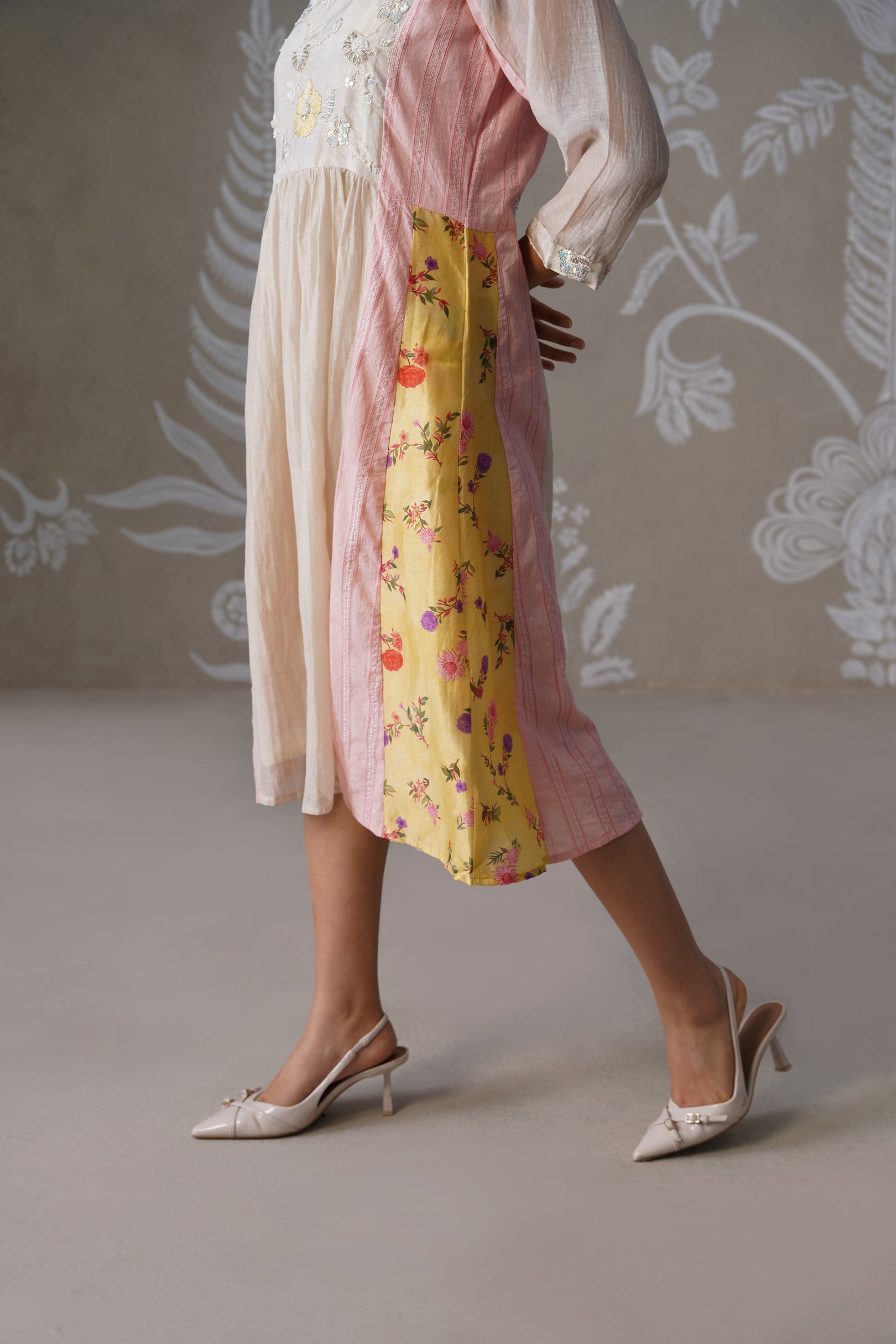 Meherban Yellow Printed Mul Chanderi Dress