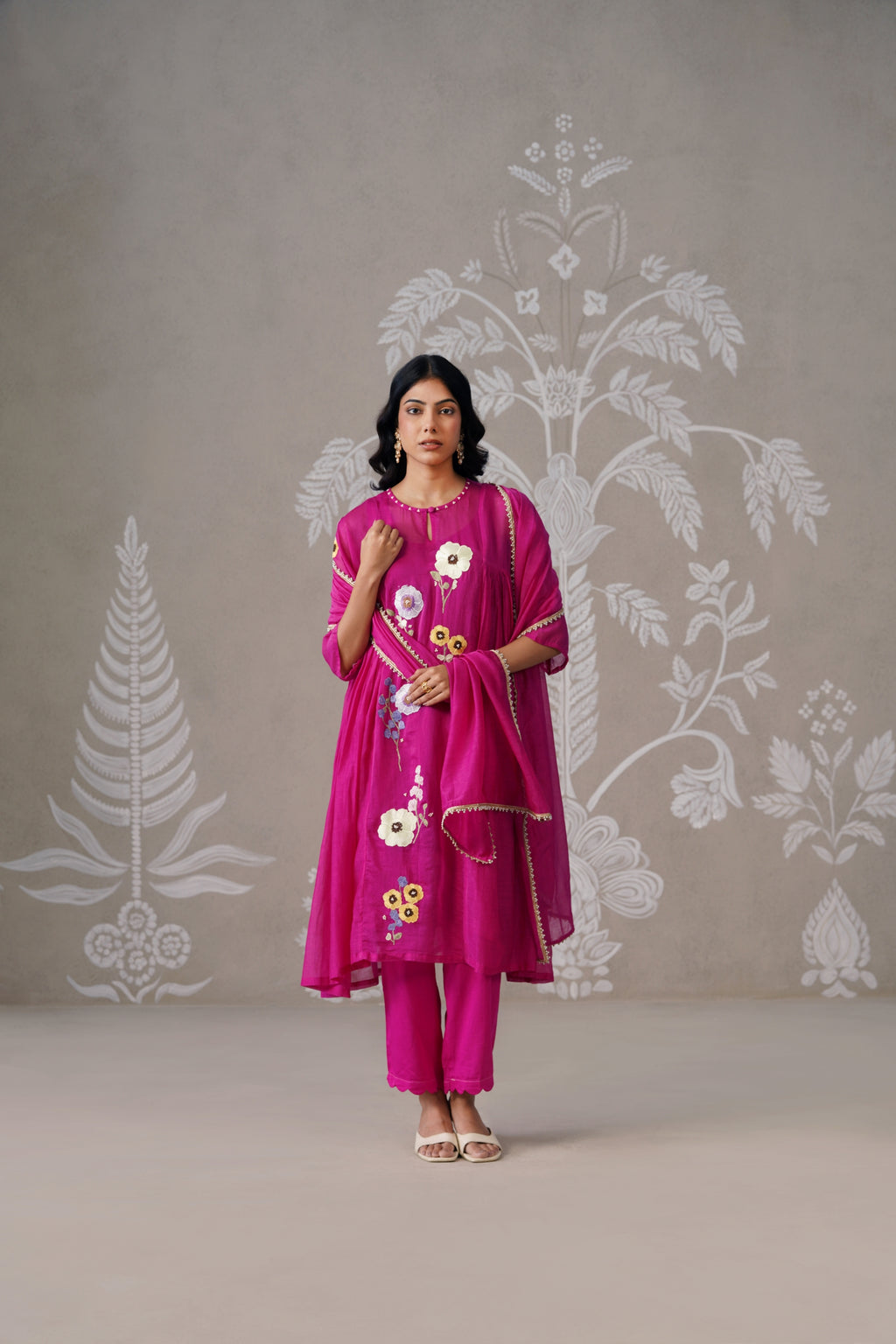 Meherban Deep Pink Mul Chanderi Kurta Set