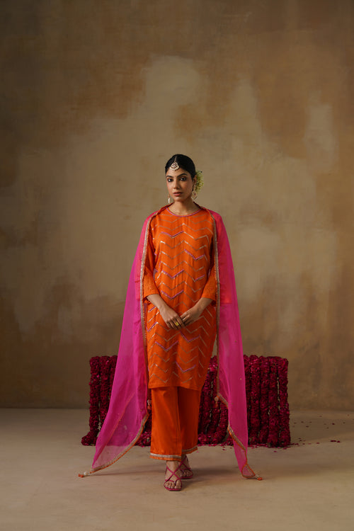 Mehekti Orange Mul Chanderi Kurta Set