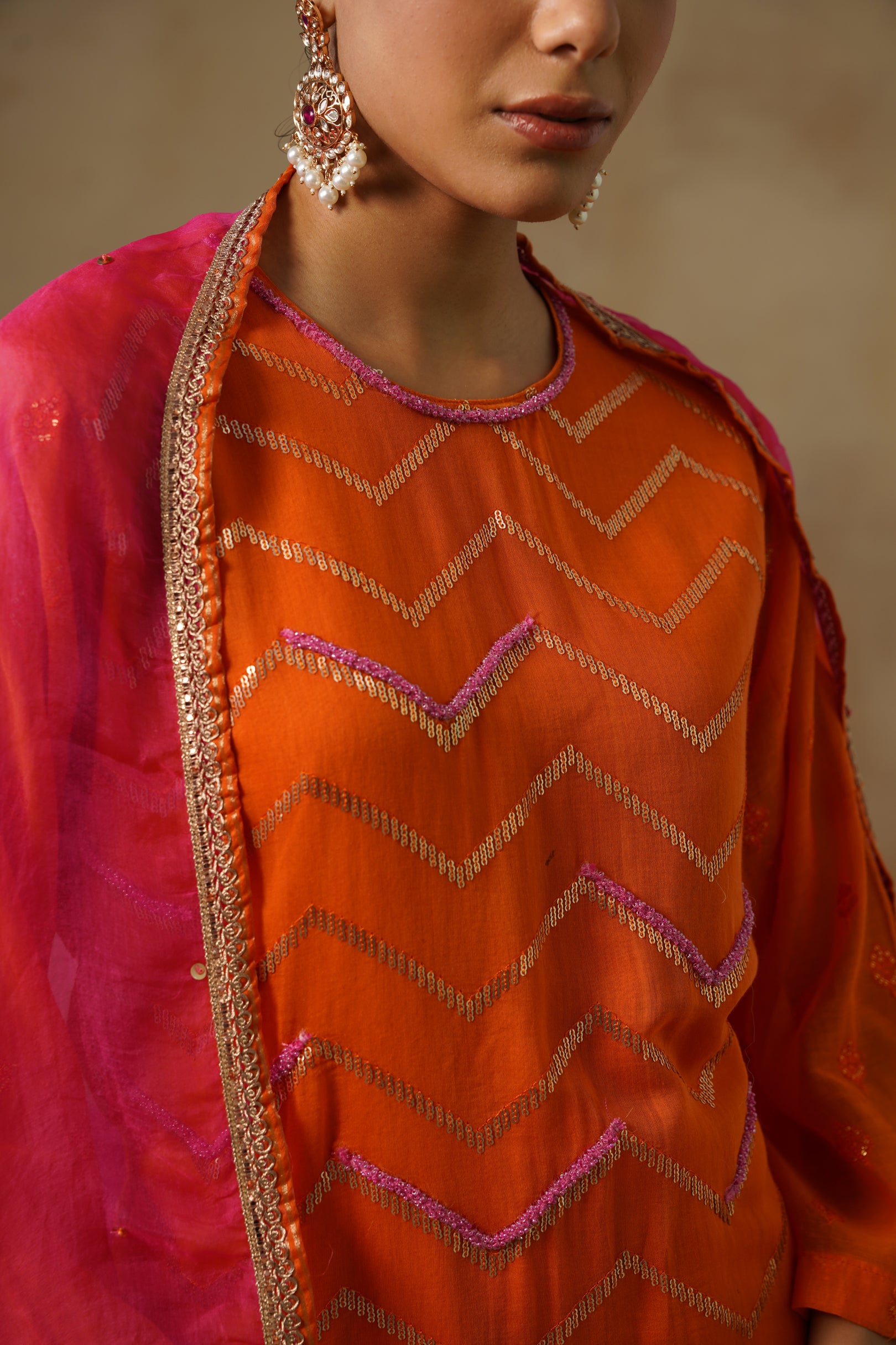 Mehekti Orange Mul Chanderi Kurta Set